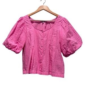 Oliver Bonas Puff Sleeve‎ Pink Blouse Size US 2 100% Cotton Preppy Barbie